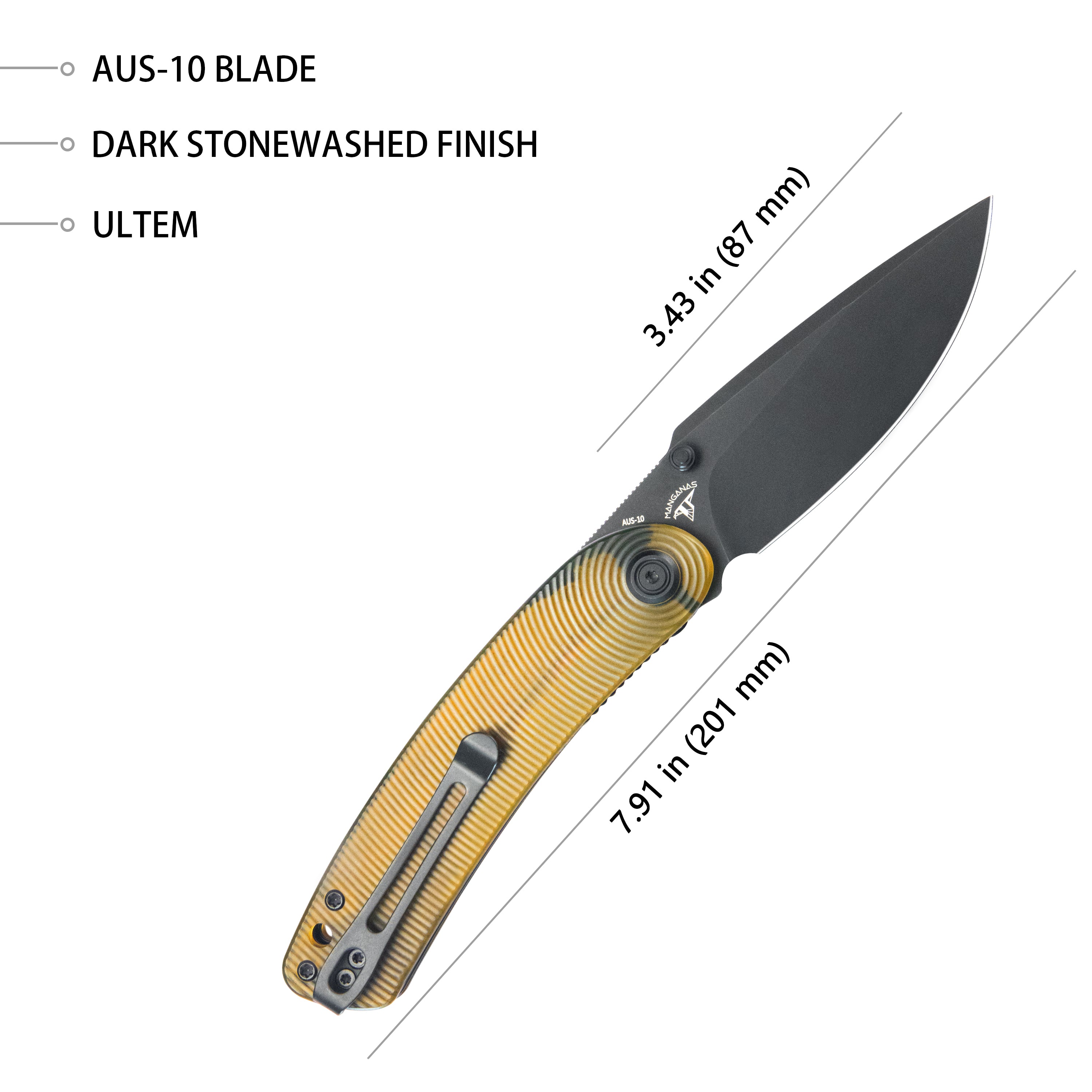 Kubey Momentum Sherif Manganas Design Liner Lock Front Flipper / Dual Studs Open Folding Knife Ultem Handle 3.43" Dark Stonewashed AUS-10 KU344N