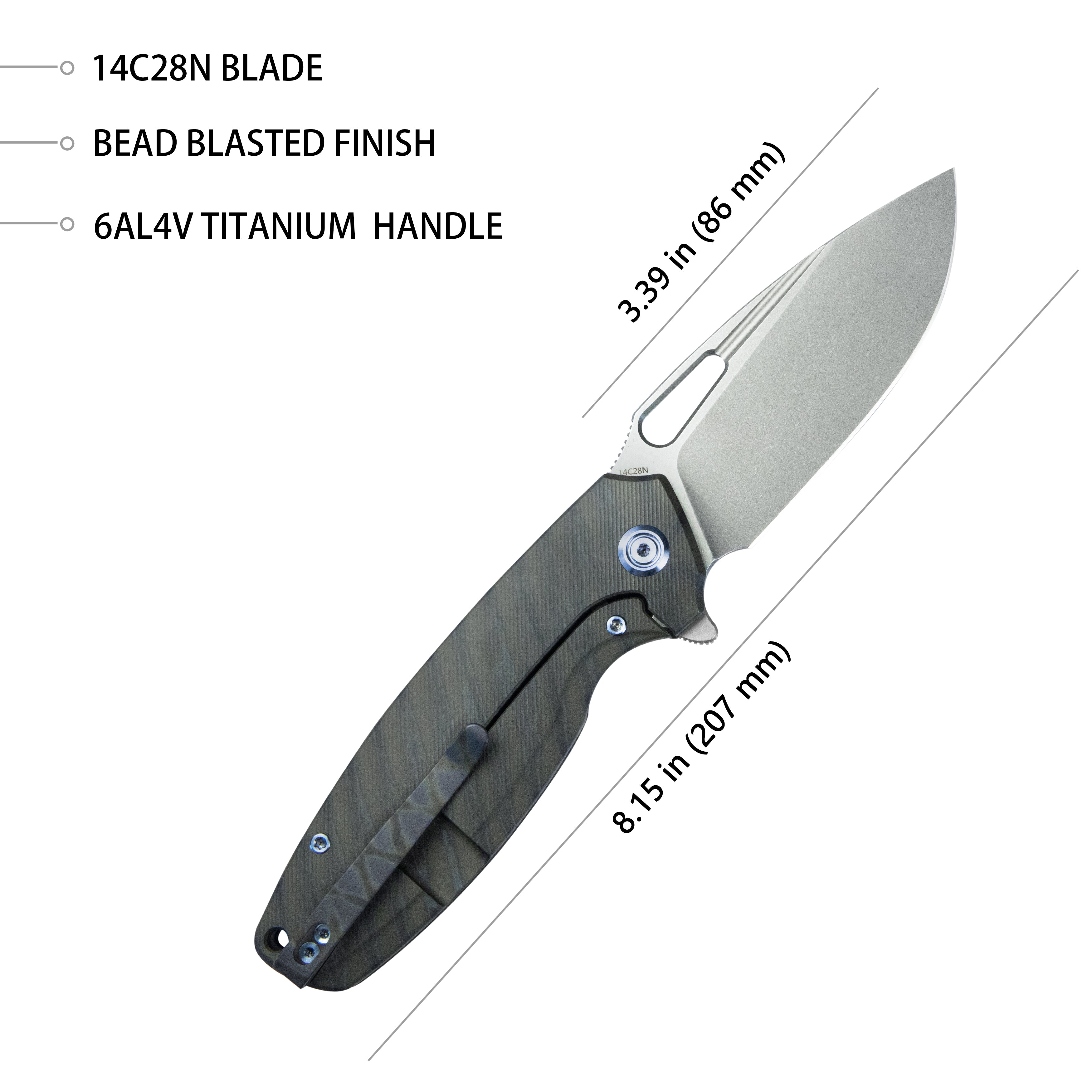 Kubey Tityus Frame Lock Flipper Folding Knife Flame 6AL4V Contoured Titanium Handle 3.39" Bead Blasted 14C28N KB360E