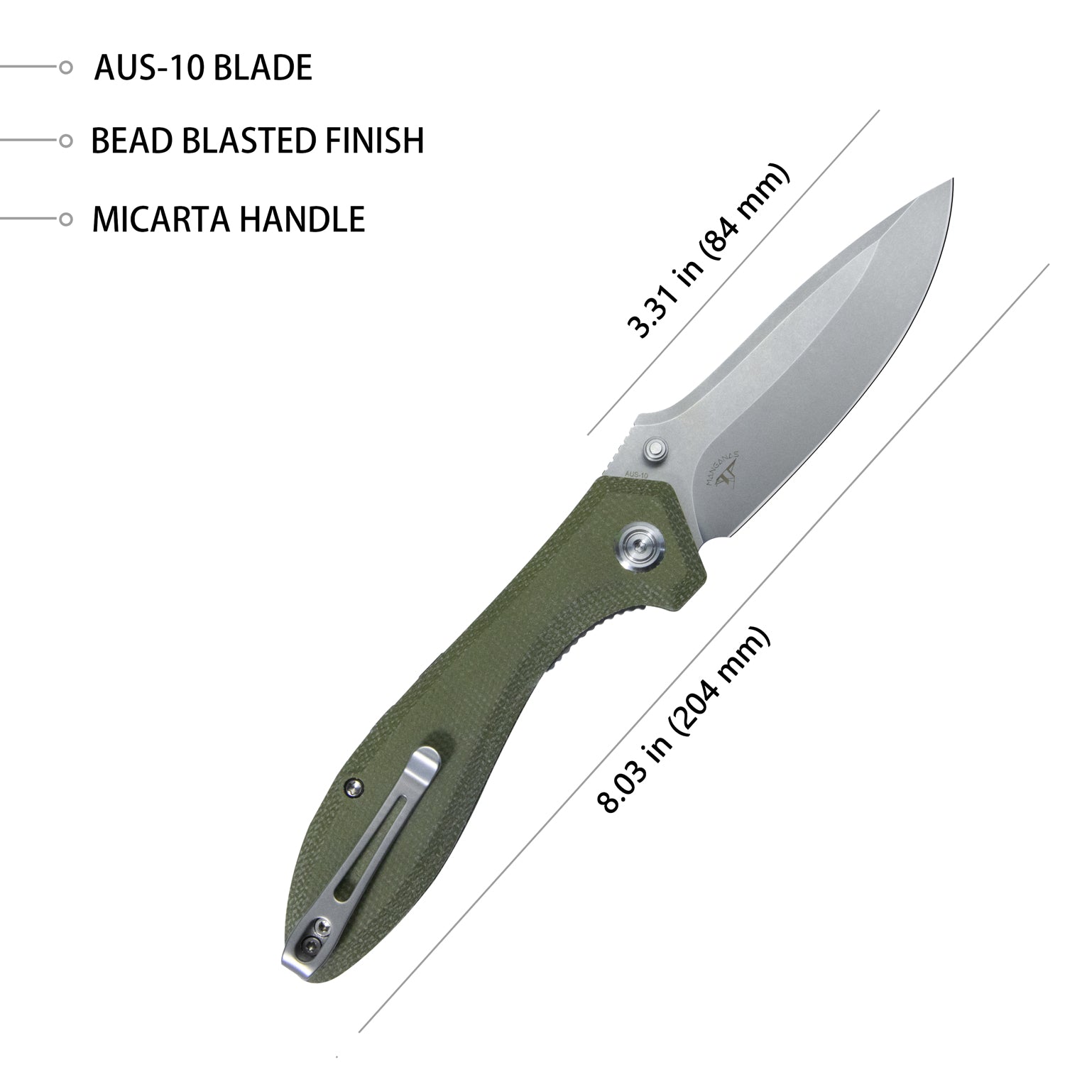 Kubey Ruckus Liner Lock Folding Knife Green Micarta Handle 3.31" Bead Blasted AUS-10 KU314E