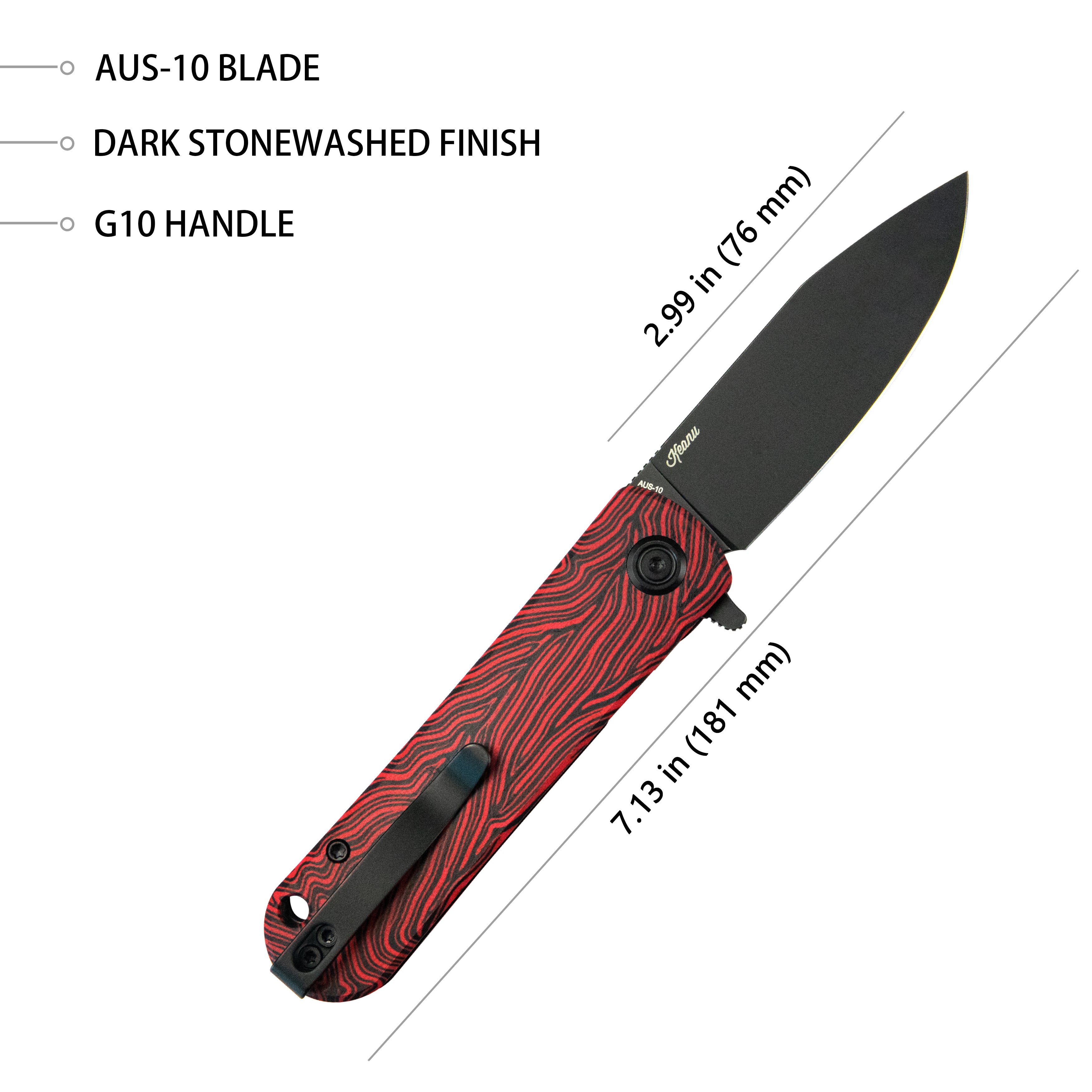 Kubey NEO Outdoor Folding Pocket Knife Red black Damascus G10 Handle 3.43" Blackwash AUS-10 KU371F