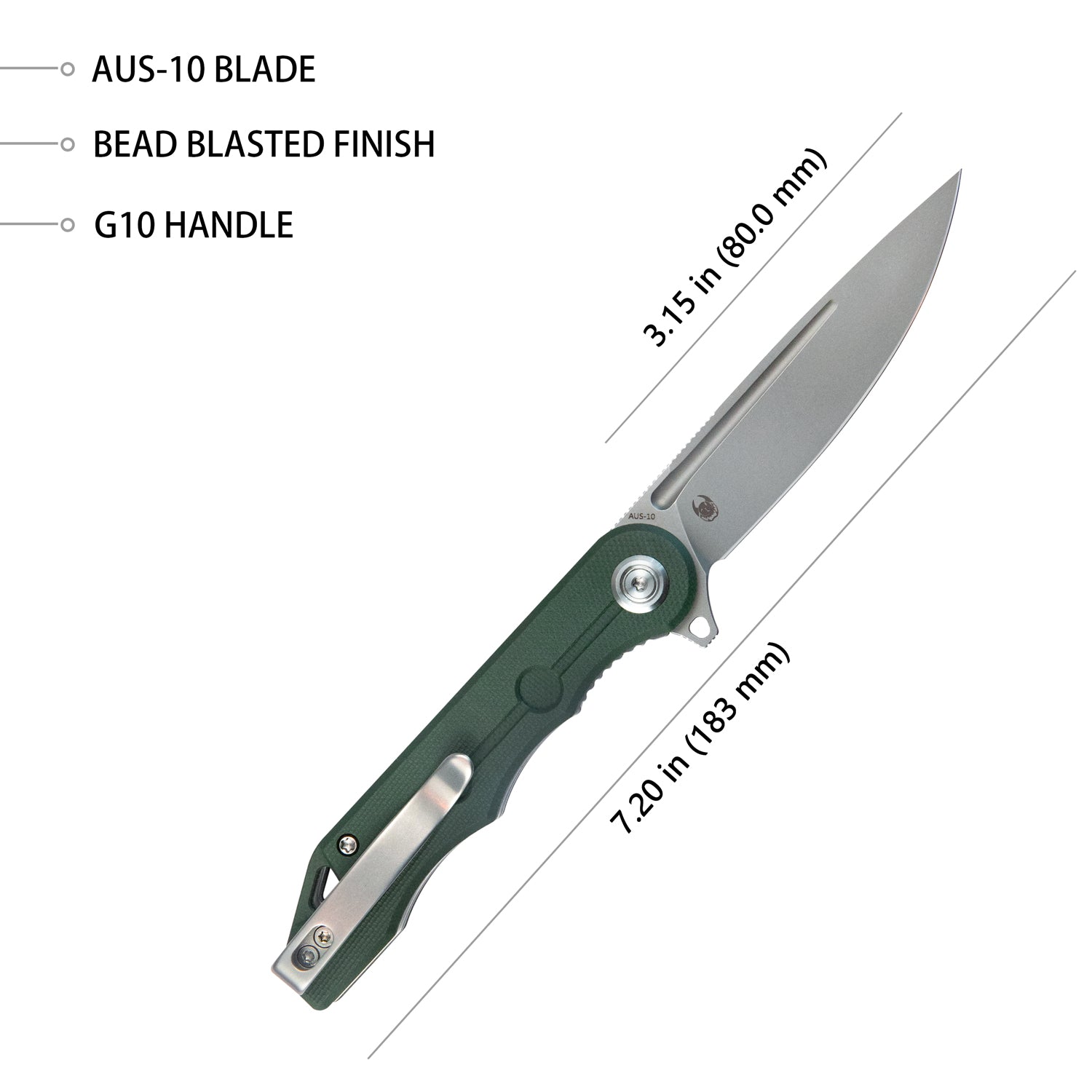Kubey Mizo Liner Lock Flipper Folding Knife Green G10 Handle 3.15" Bead Blast AUS-10 KU312F
