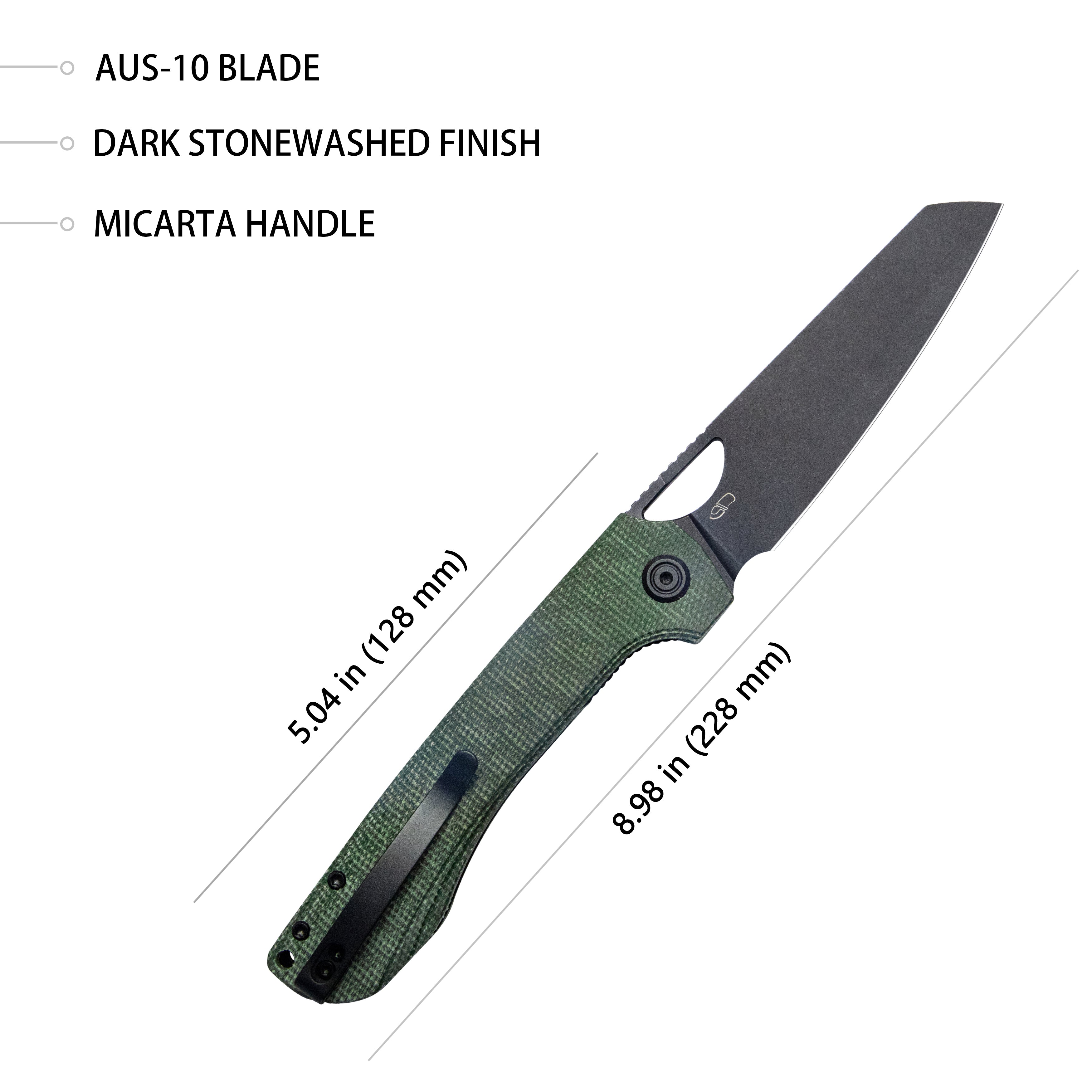 Kubey Elang Liner Lock Folding Knife Green Micarta Handle 3.94" Blackwashed Sheepsfoot AUS-10 KU365F