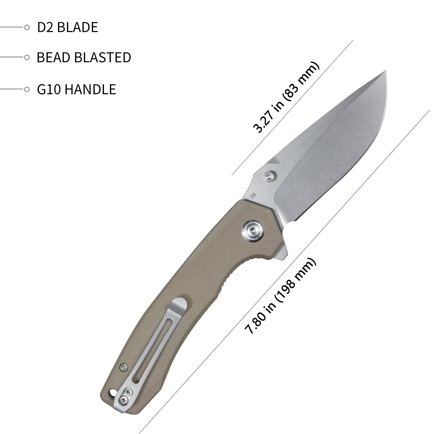 Kubey Calyce Liner Lock Flipper Folding Knife Tan G10 Handle 3.27" Bead Blasted D2 KU901D