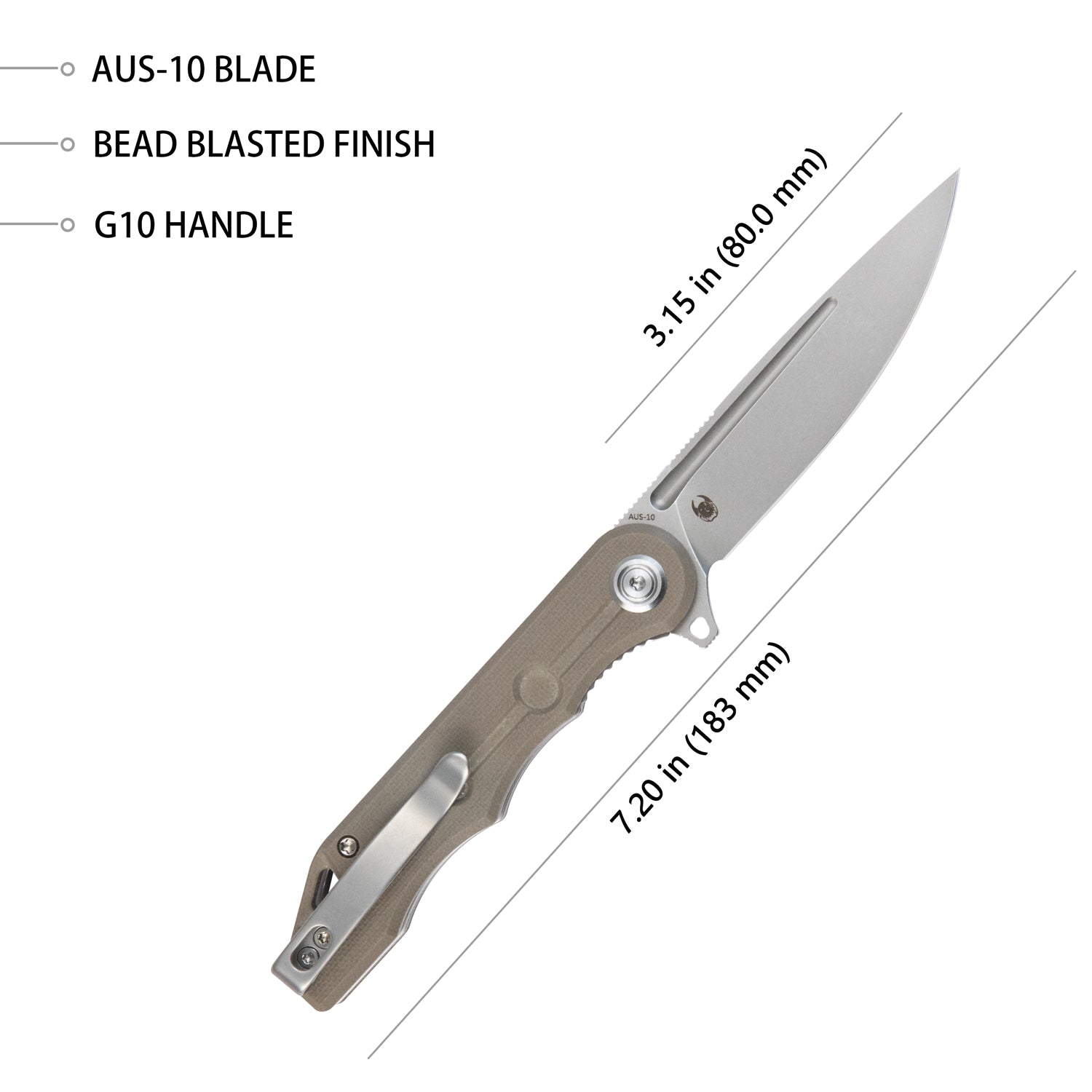 Kubey Mizo Liner Lock Flipper Folding Knife Tan G10 Handle 3.15" Bead Blast AUS-10 KU312H