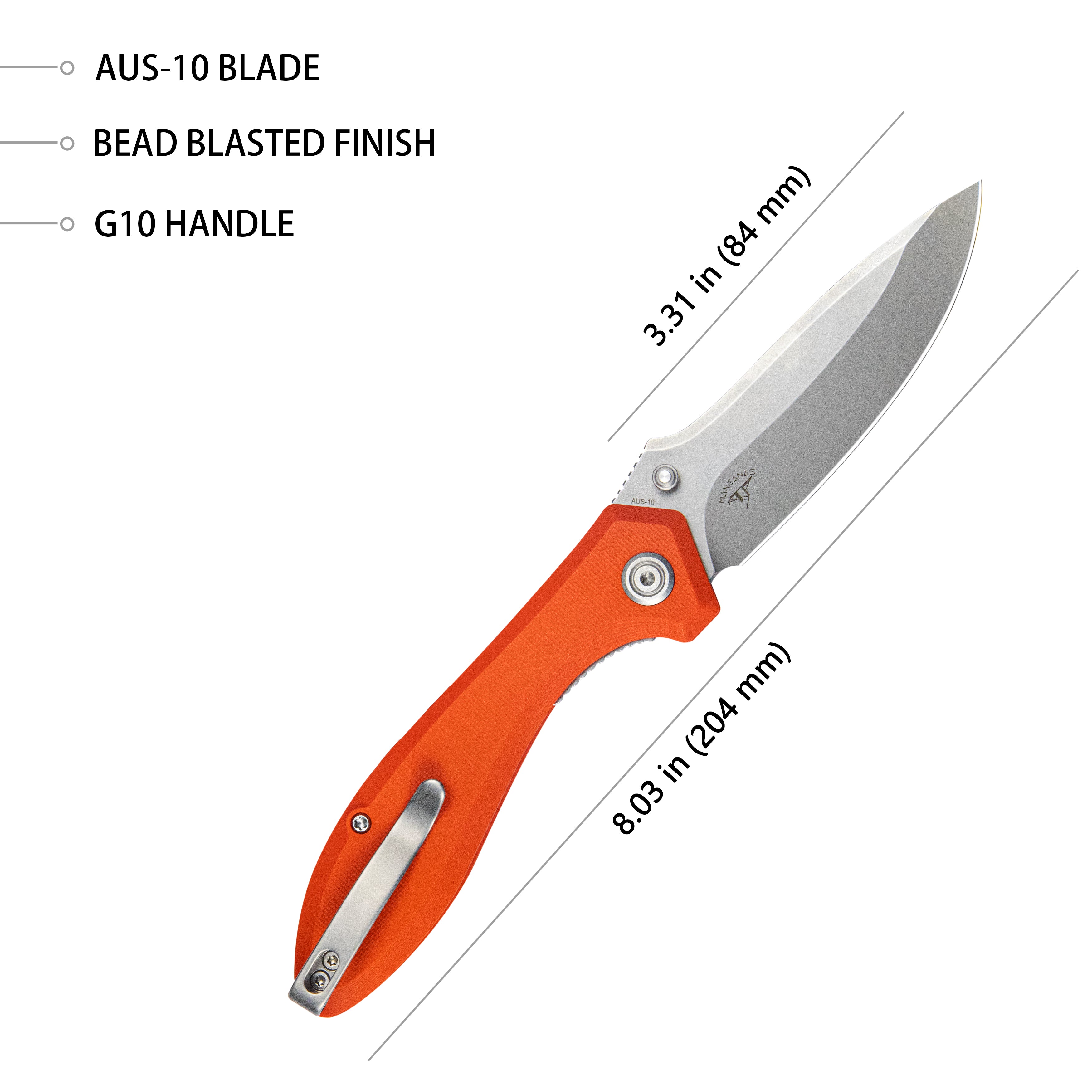 Kubey Ruckus Liner Lock Folding Knife Orange G10 Handle 3.31" Bead Blasted AUS-10 KU314H