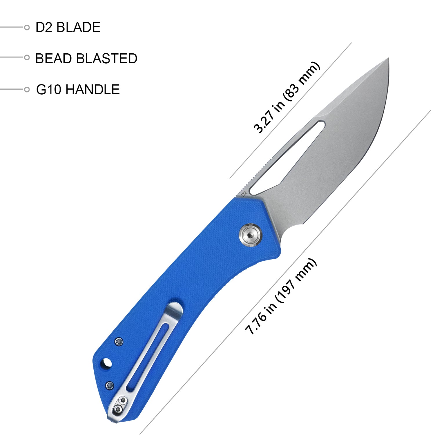 Kubey Thalia Front Flipper EDC Pocket Folding Knife Blue G10 Handle 3.27" Bead Blasted D2 KU331B
