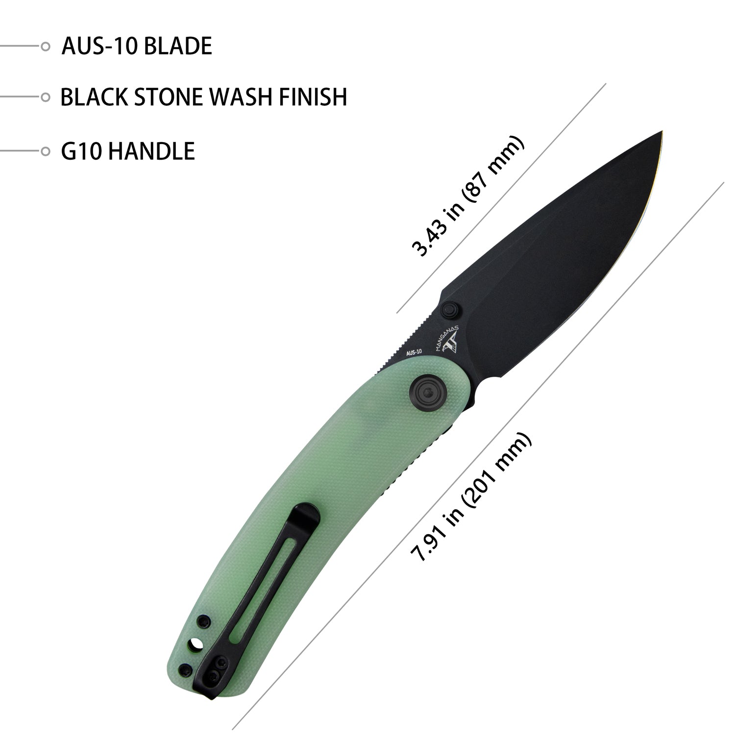 Kubey Momentum Sherif Manganas Design Liner Lock Front Flipper / Dual Studs Open Folding Knife Jade G10 Handle 3.43" Dark Stonewashed AUS-10 KU344J