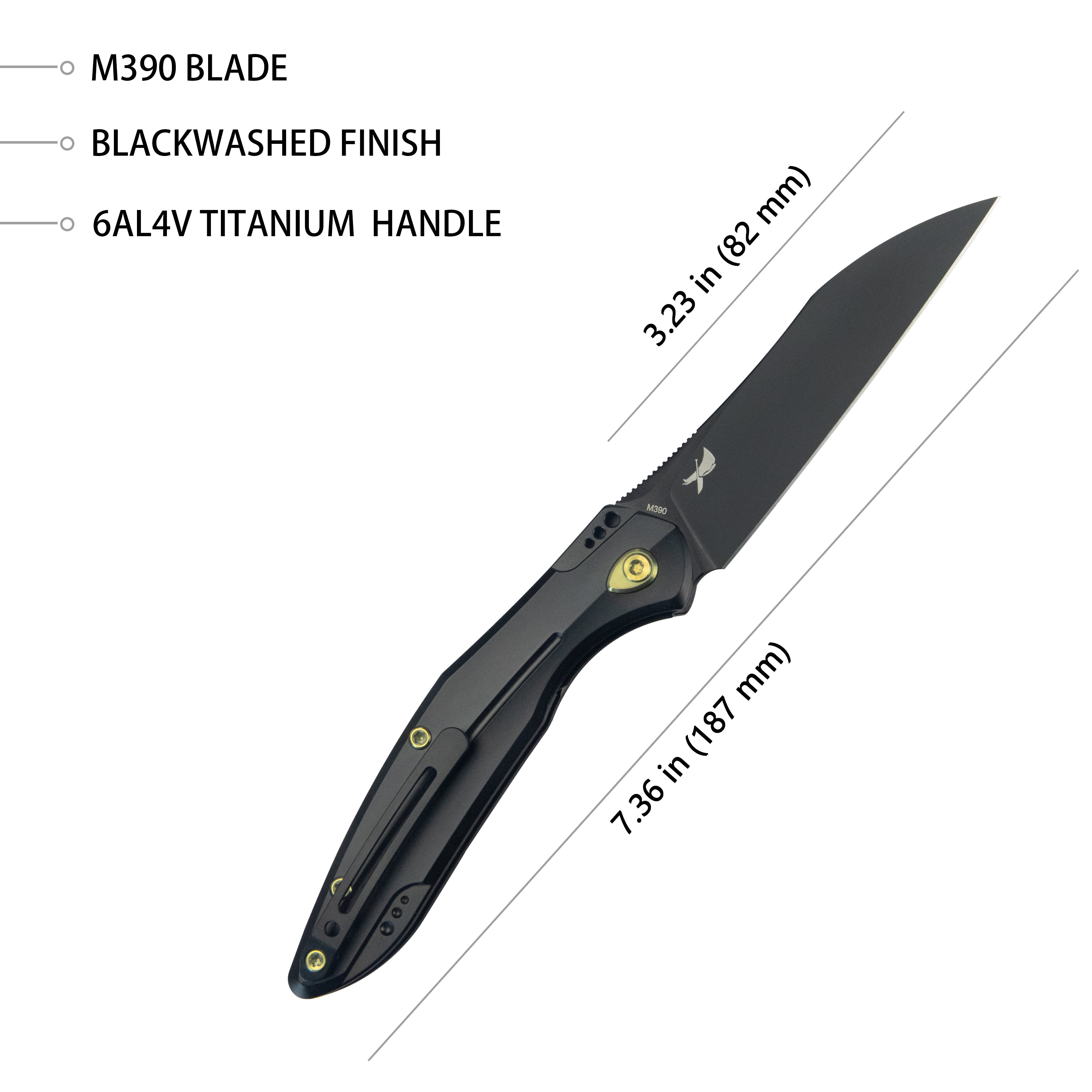Kubey Barracuda Liner Lock Front Flipper Folding Knife Titanium Handle (3.38" Black coated M390 ) KB299B