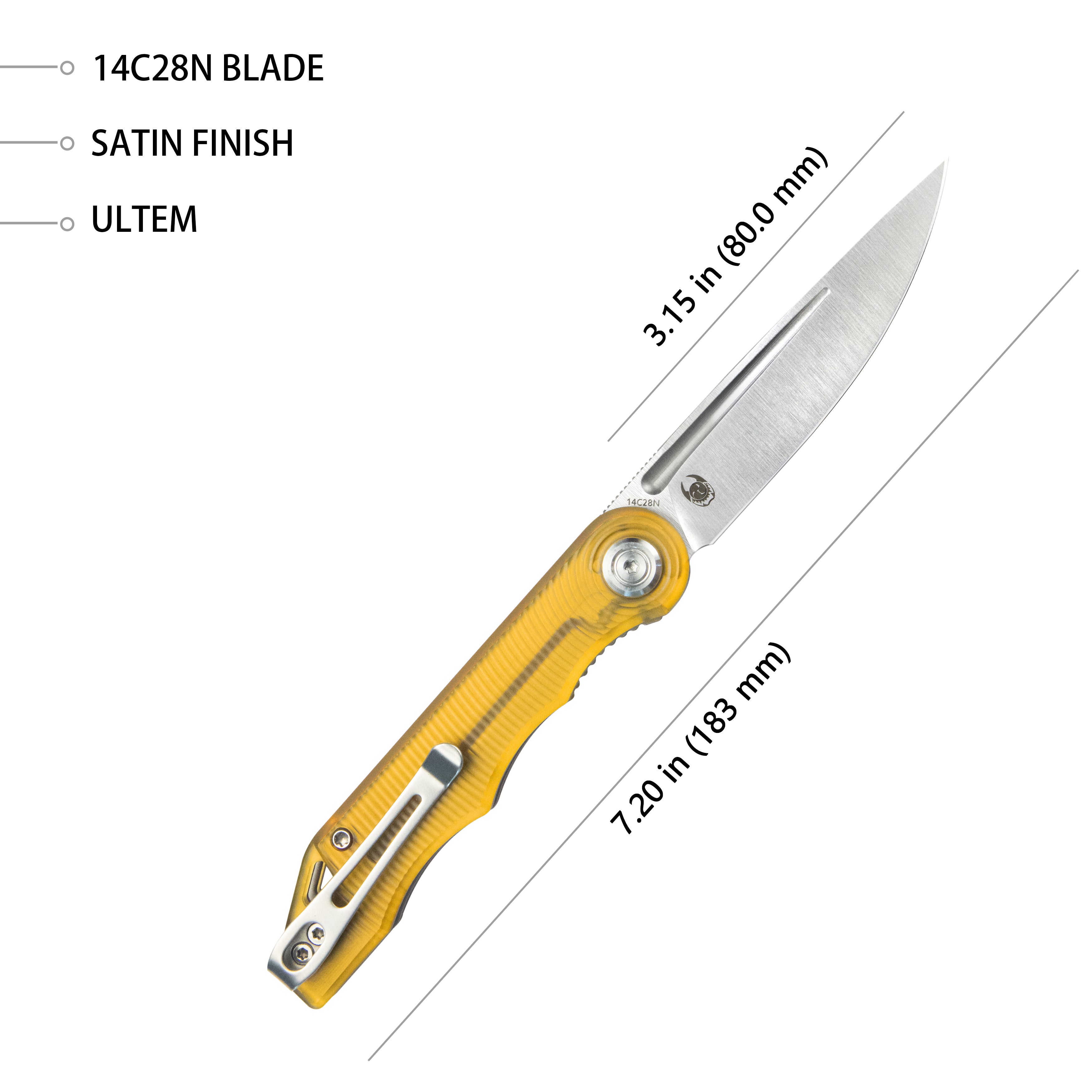 Kubey Mizo Liner Lock Front Flipper Folding Knife Ultem Handle 3.15" Satin 14C28N KU2101G