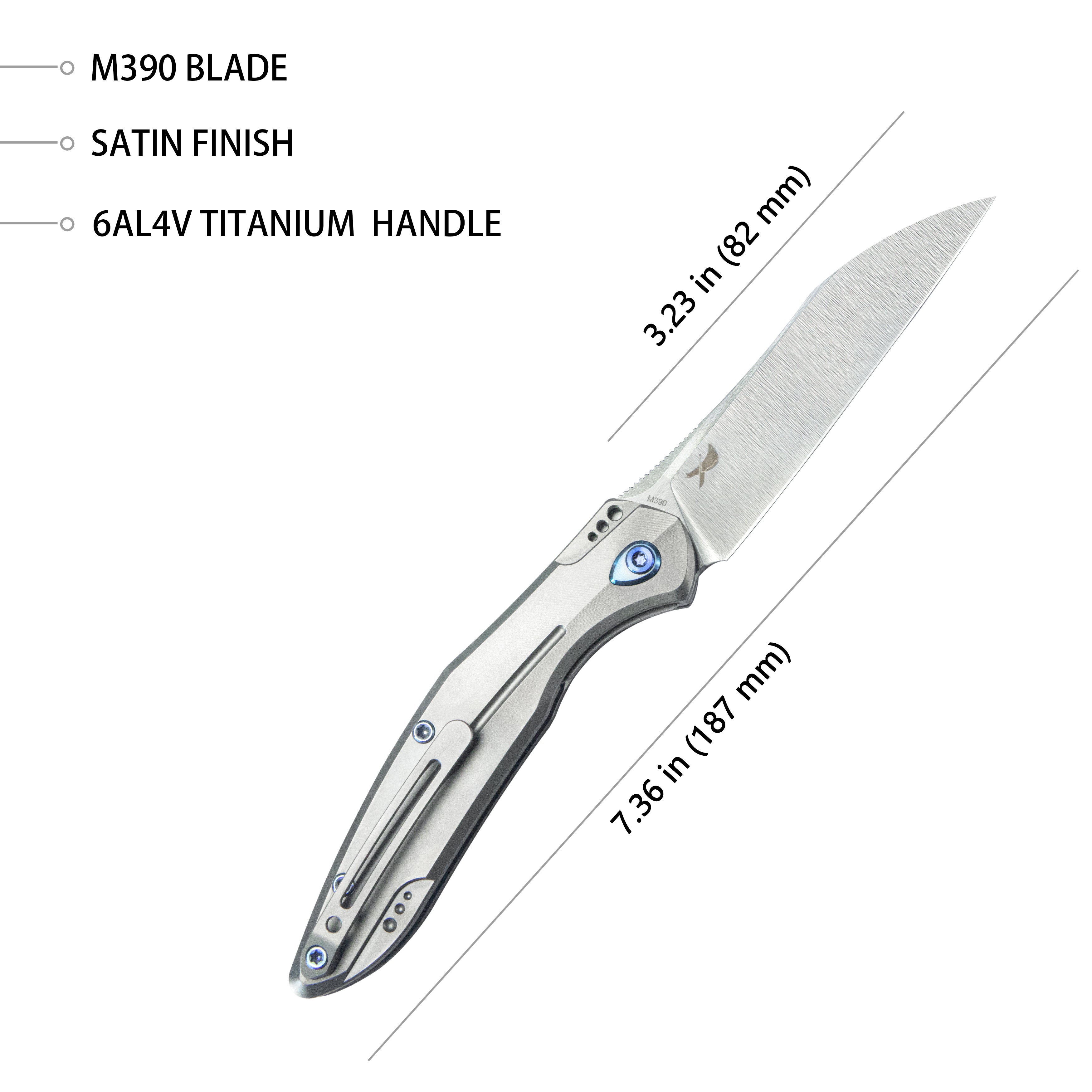 Kubey Barracuda Liner Lock Front Flipper Folding Knife Titanium Handle (3.38" Satin M390) KB299C