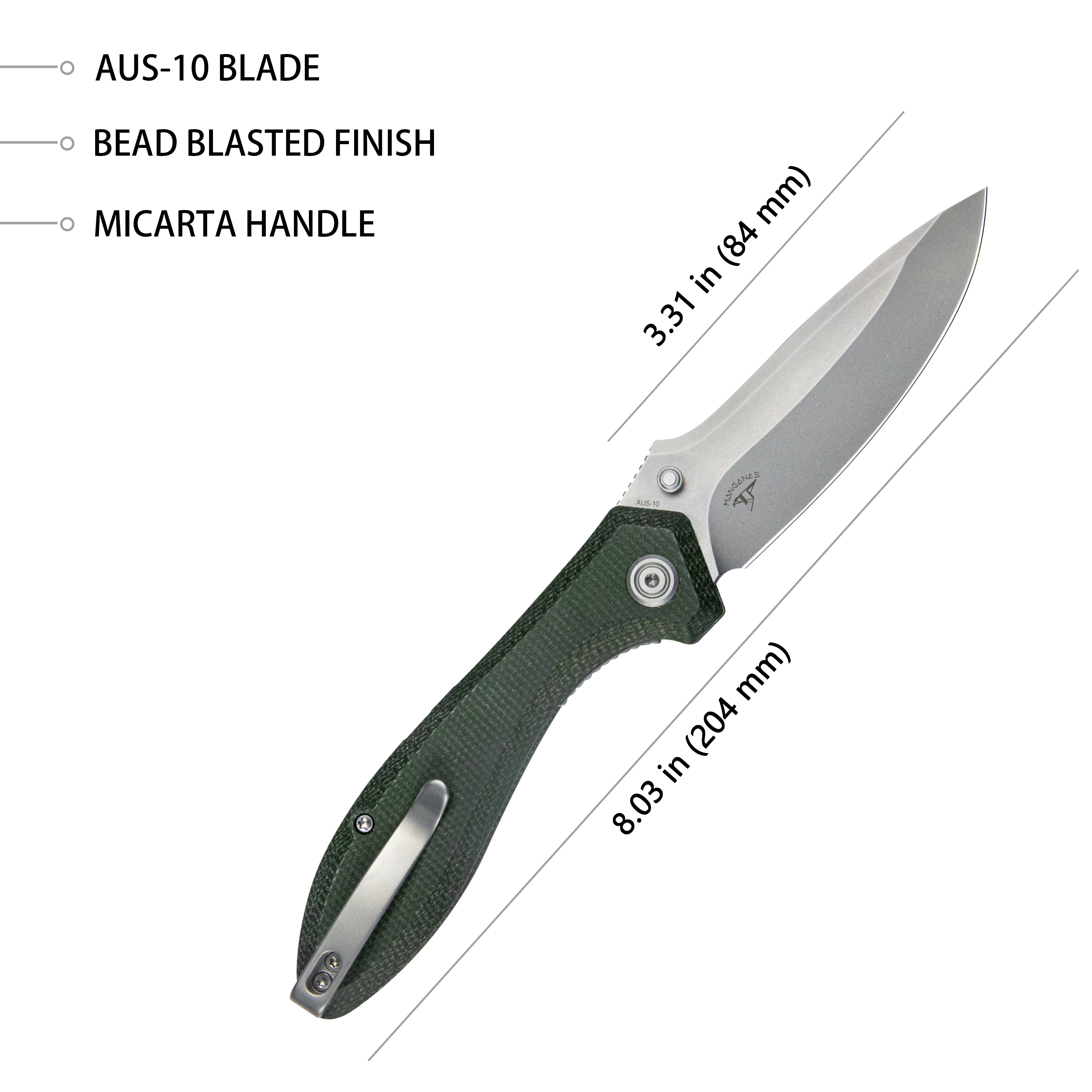 Kubey Ruckus Liner Lock Folding Knife Green Micarta Handle 3.31" Bead Blasted AUS-10 KU314N
