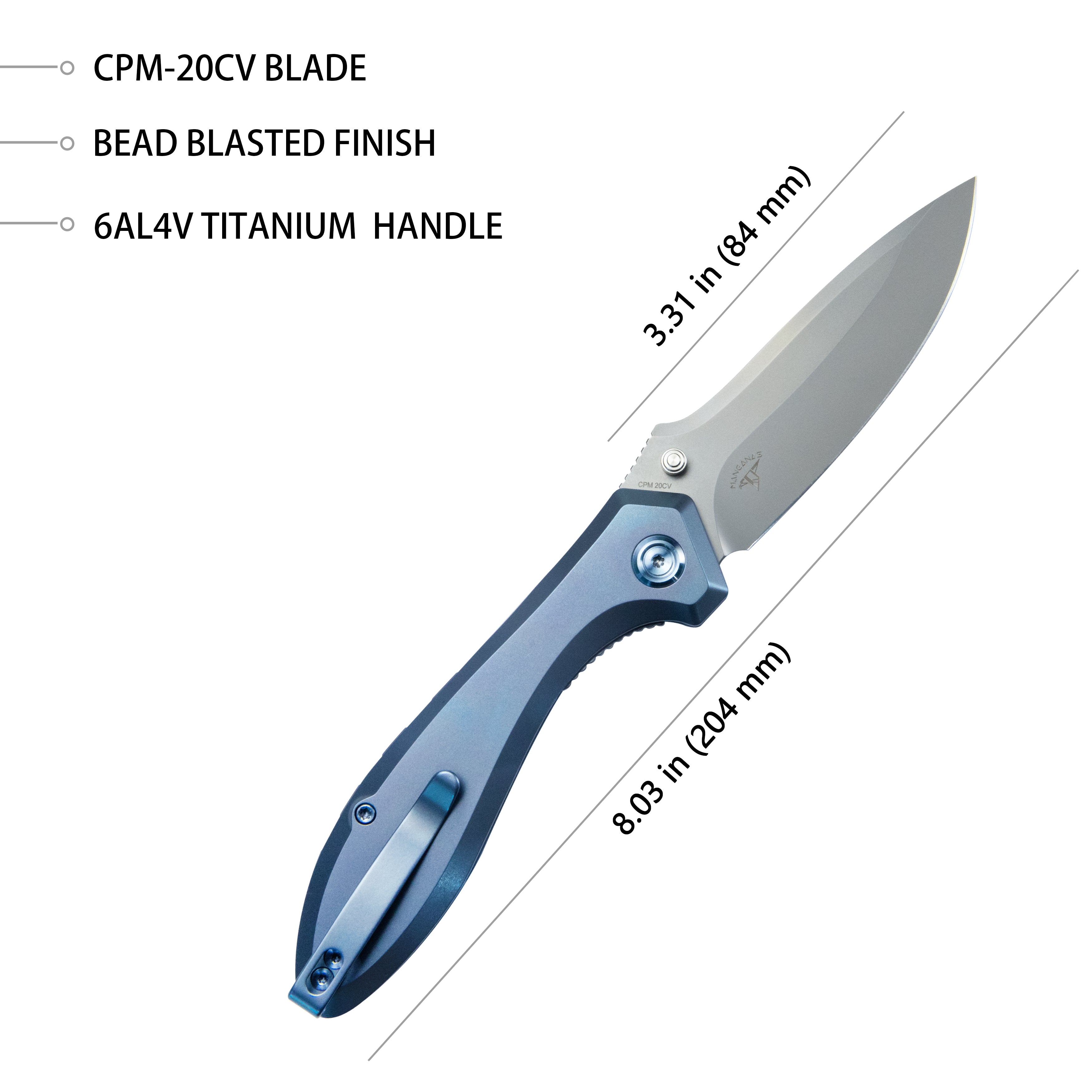 Kubey Ruckus Liner Lock Folding Knife Blue Ti Handle 3.31" Bead Blasted CPM 20CV KB314R