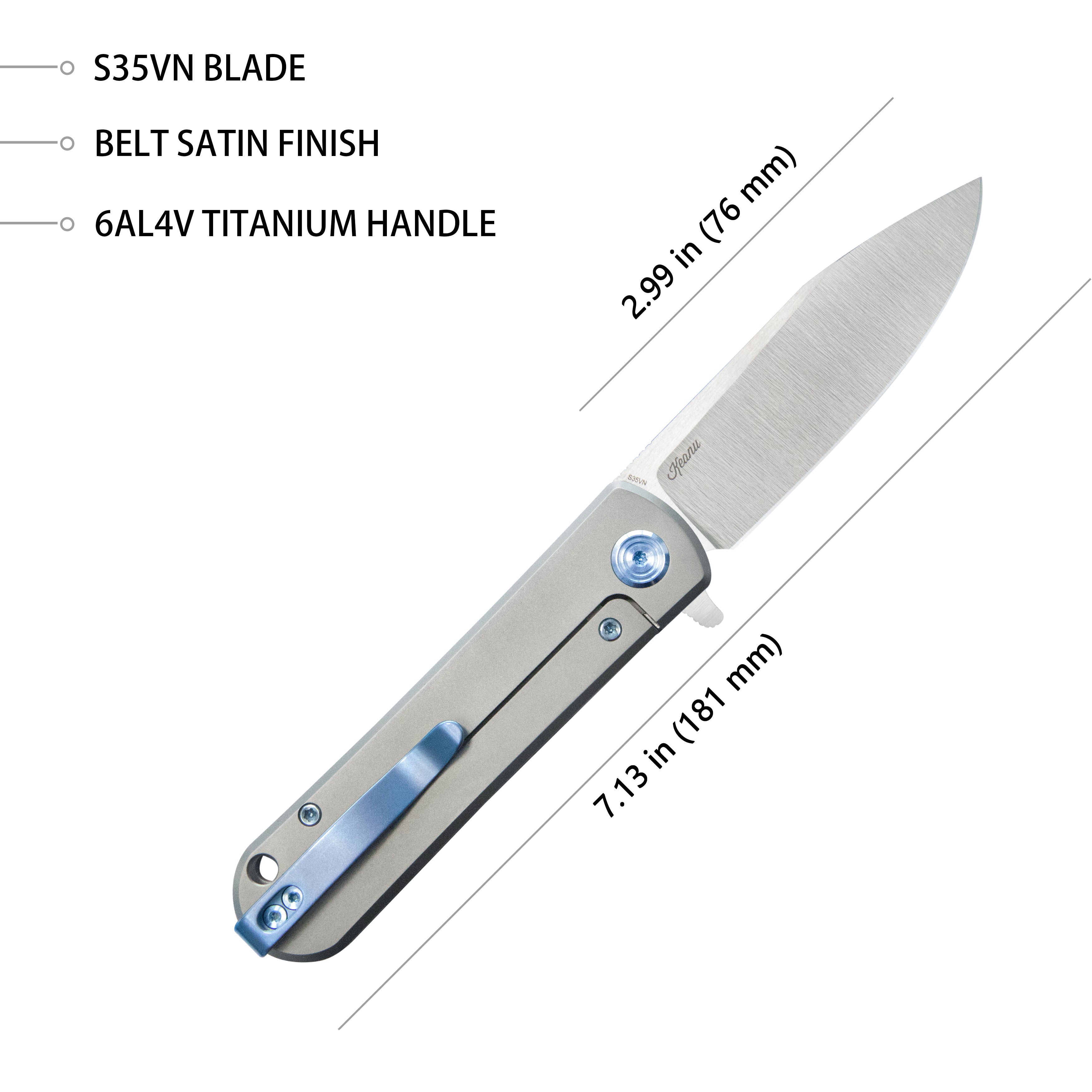 Kubey NEO Flipper Gentlemans Knife Grey Titanium Handle 2.99" Belt Satin S35VN Blade KB359A