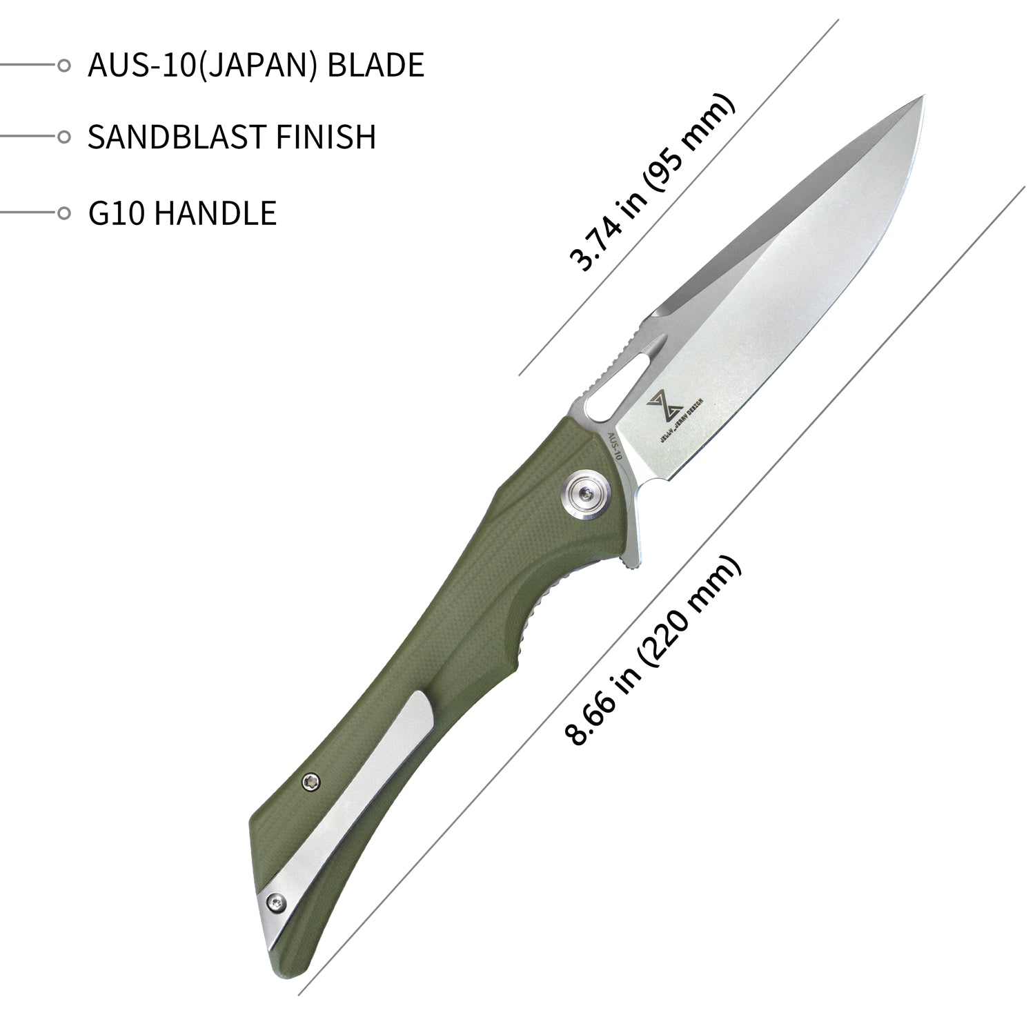 Kubey Raven Flipper Folding Knife OD Green G10 Handle 3.7" Satin AUS-10 KB245B