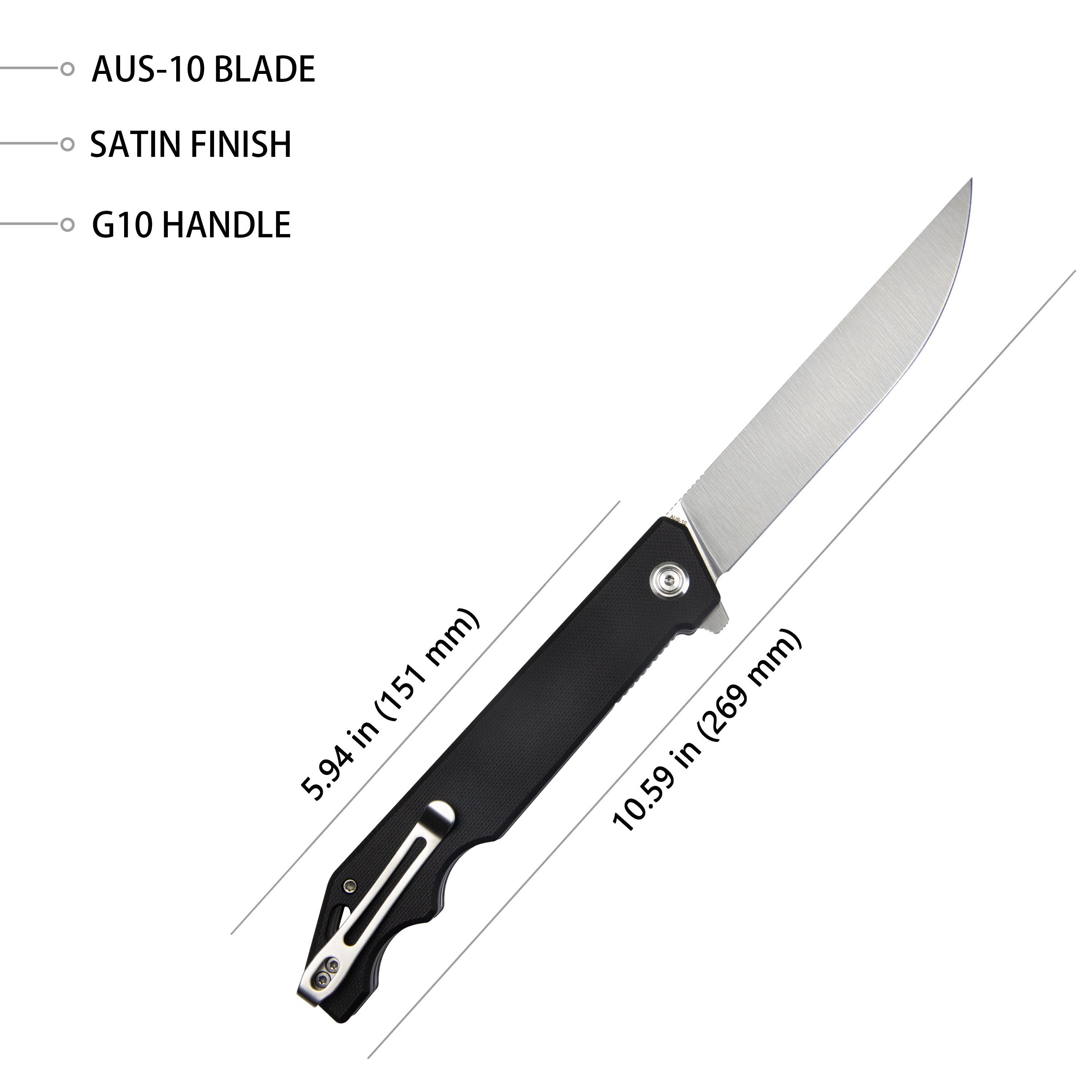 Kubey Pylades Liner Lock Flipper Folding Knife Black G10 Handle 4.65" Satin AUS-10 KU253A