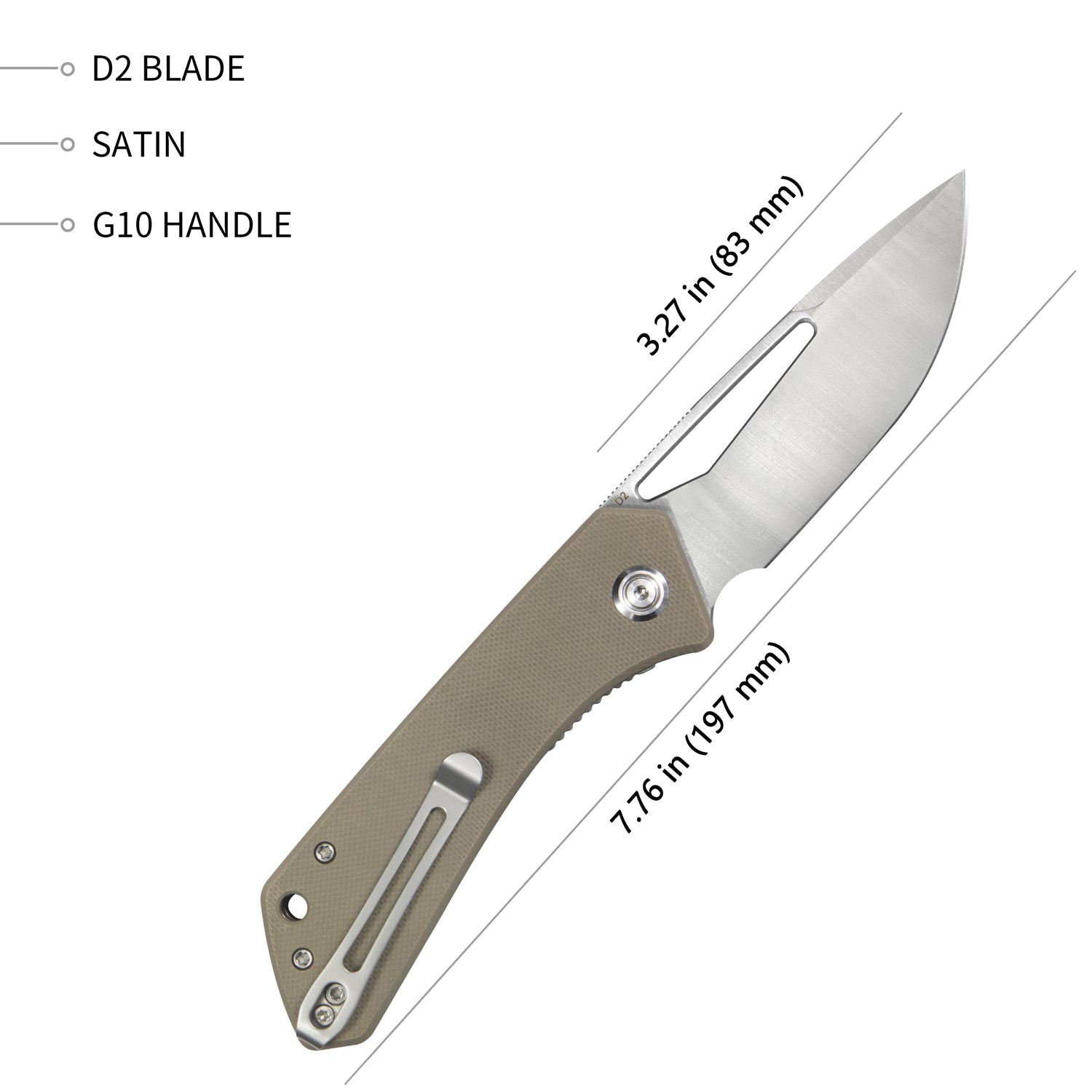 Kubey Thalia Front Flipper EDC Pocket Folding Knife Tan G10 Handle 3.27" Satin D2 KU331F