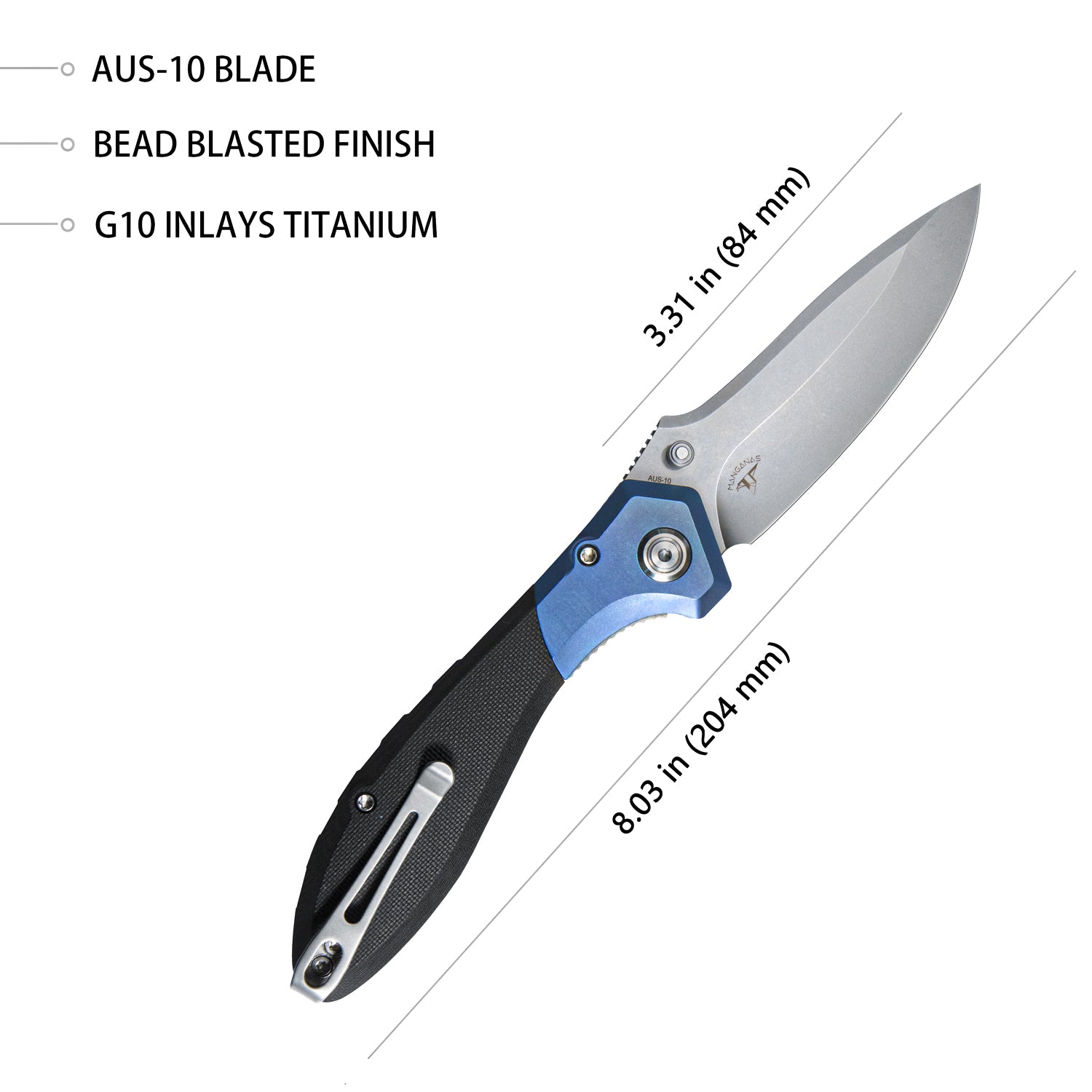 Kubey Ruckus Liner Lock Folding Knife Blue Titanium Head and Black G10 Handle 3.31" Bead Blasted AUS-10 KU314A