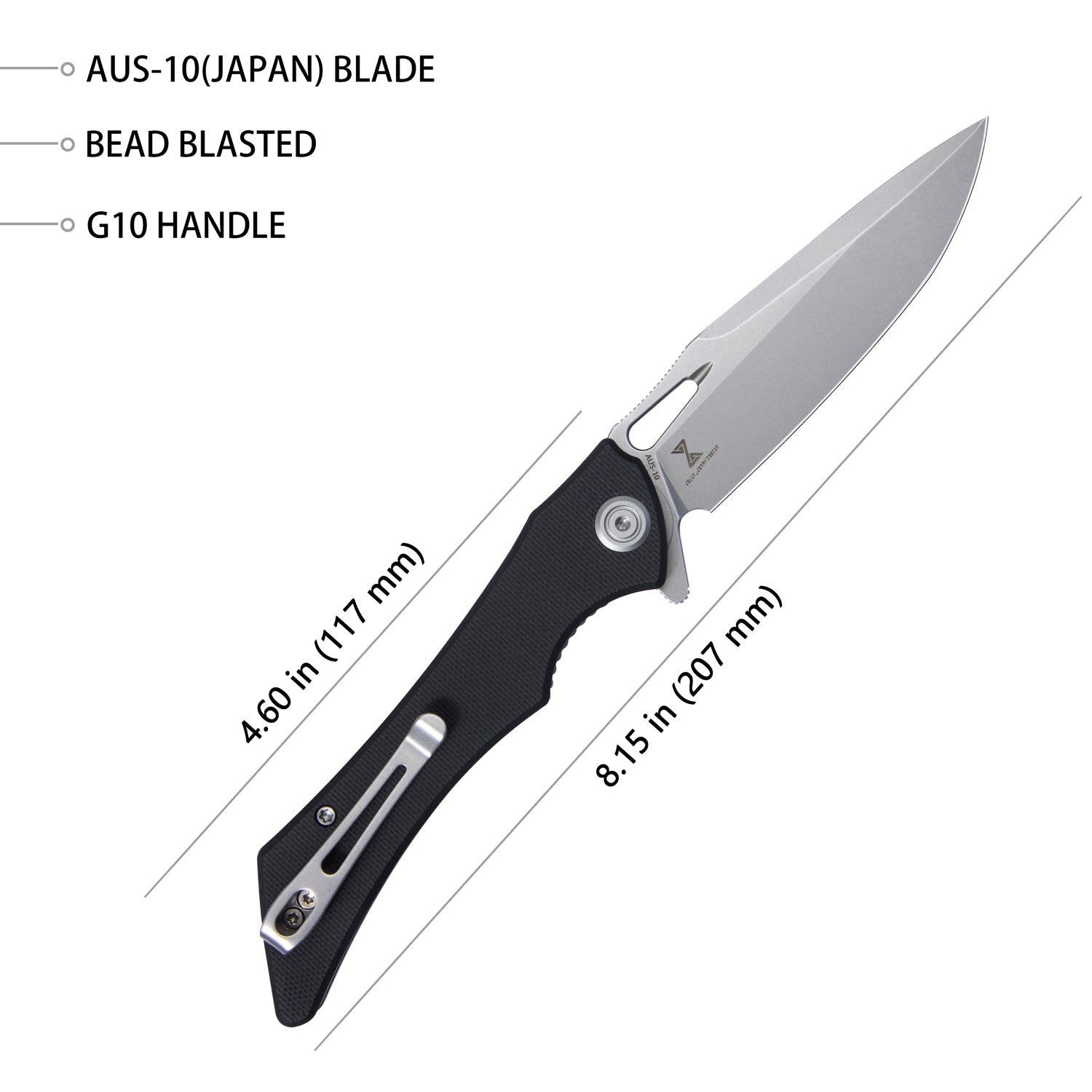 Kubey Raven Liner Lock Flipper Knife Black G10 Handle 3.5" Bead Blasted AUS-10 KB245D